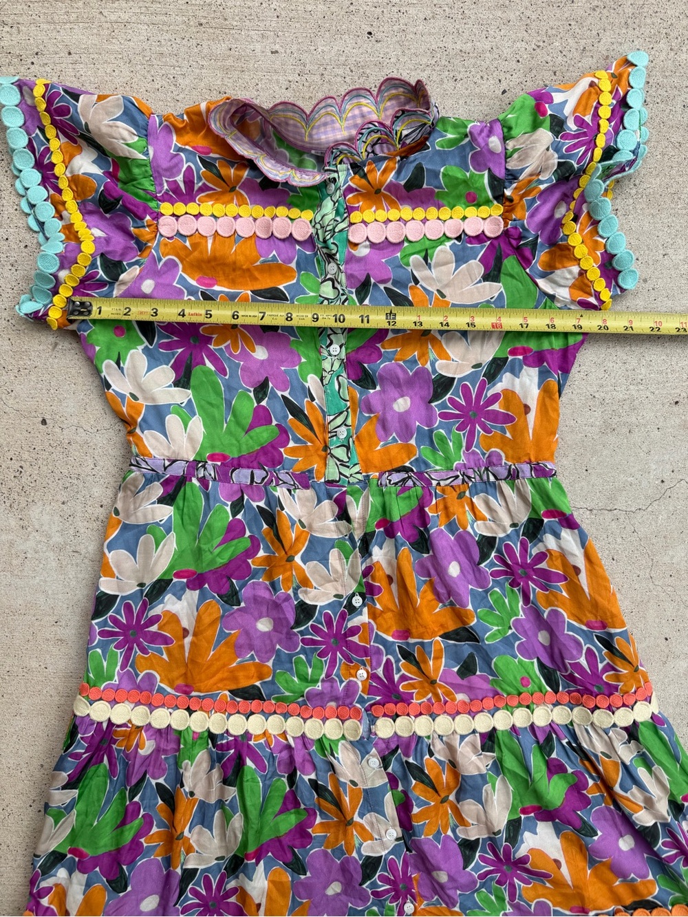 CeliaB Aneeta Floral Tiered Midi Dress Scalloped Ruffle Pom Pom Rickrack Sz L - Picture 8 of 9